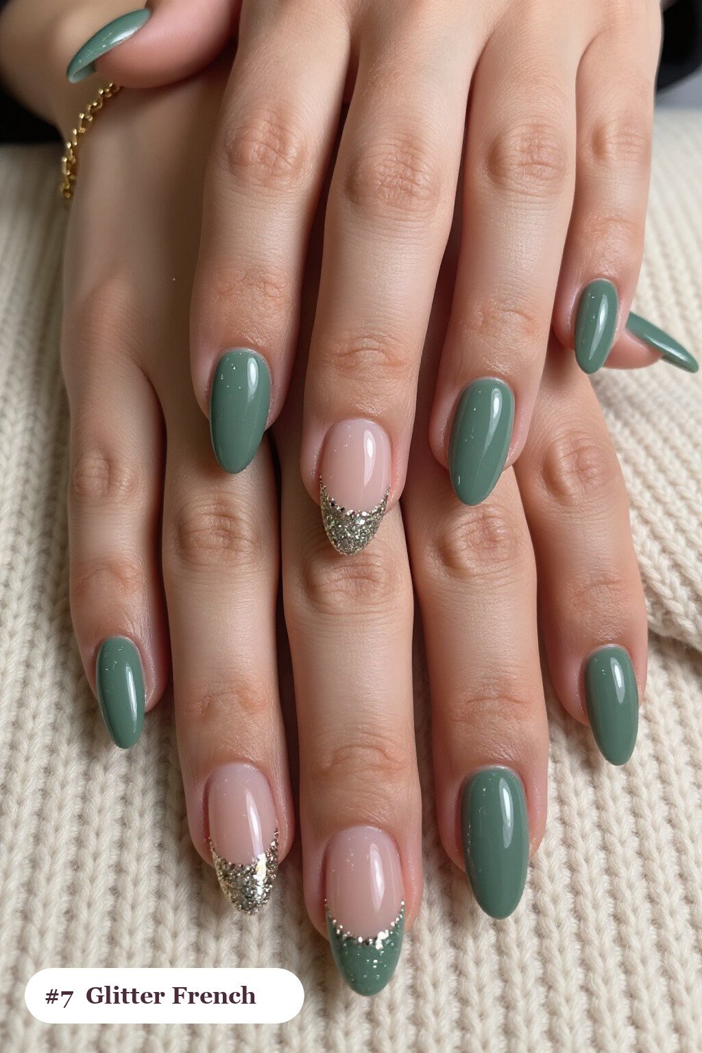 Medium almond sage green october november nails with glitter-packed french tips over a sheer nude base - october november nail designs