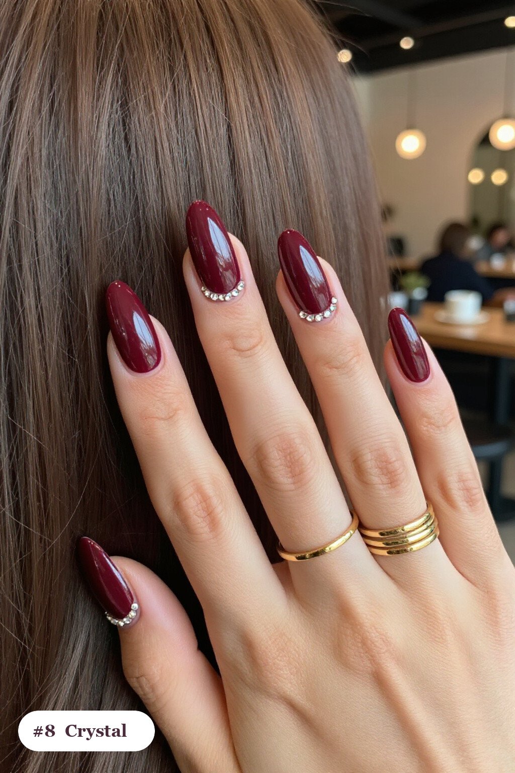 Long coffin burgundy october november nails with rows of sparkling crystal rhinestones along the cuticle of every nail - october november nail designs