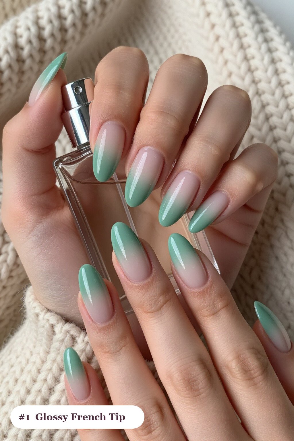 Medium almond sage green ombre french nails with crisp french tips and a smooth ombre gradient clearly visible on every nail, glossy and flawless - ombre french almond nails