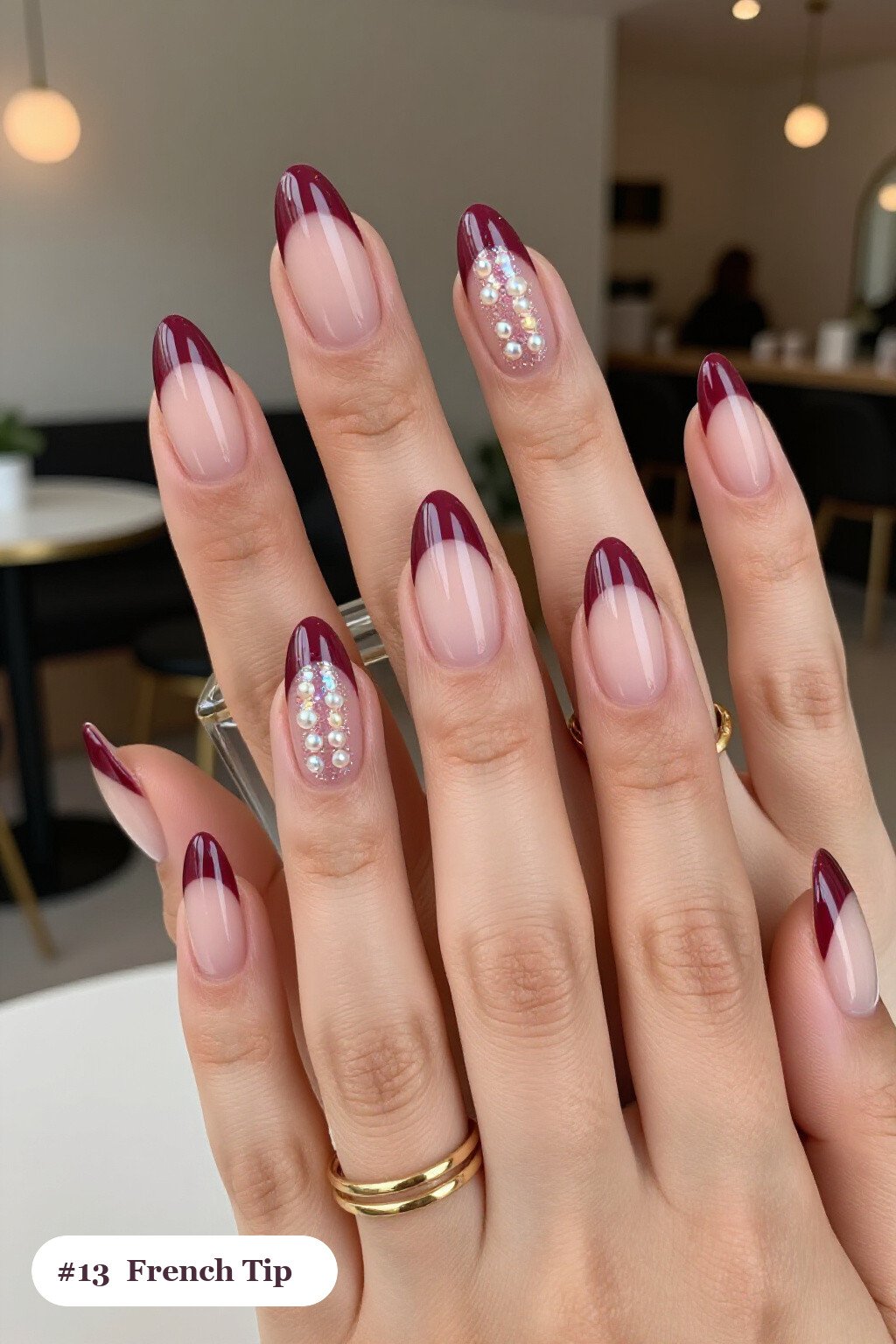 Medium almond burgundy ombre french nails with crisp french tips and a smooth ombre gradient clearly visible on every nail, styled with glazed pearl chrome over the colour for an iridescent sheen - ombre french almond nails