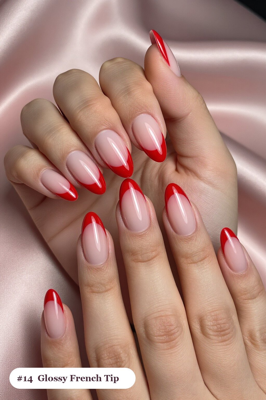 Medium almond cherry red ombre french nails with crisp french tips and a smooth ombre gradient clearly visible on every nail, styled with a flawless mirror-glossy full-colour finish - ombre french almond nails