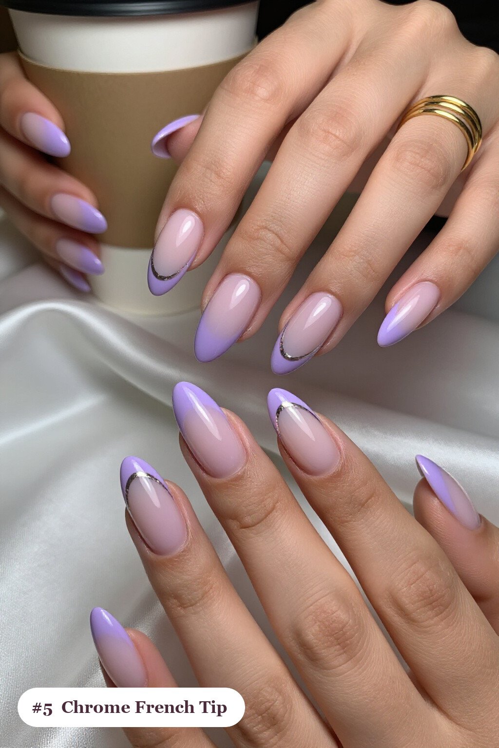 Medium almond lilac ombre french nails with crisp french tips and a smooth ombre gradient clearly visible on every nail, styled with a liquid chrome mirror finish and bright metallic highlights - ombre french almond nails