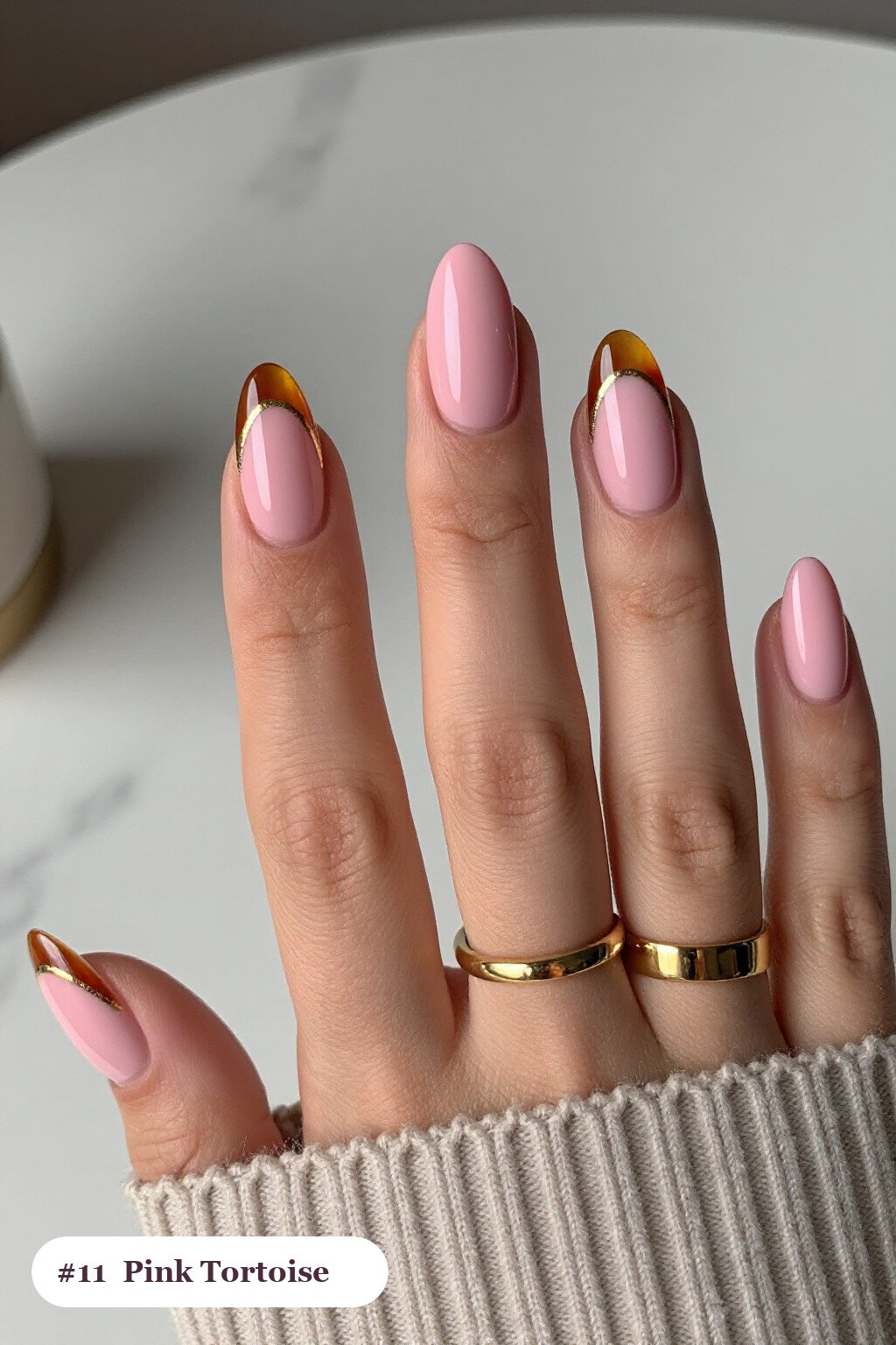 Amber Tortoiseshell Accent Medium Almond Pink Nails with Gold Details - pink almond nails