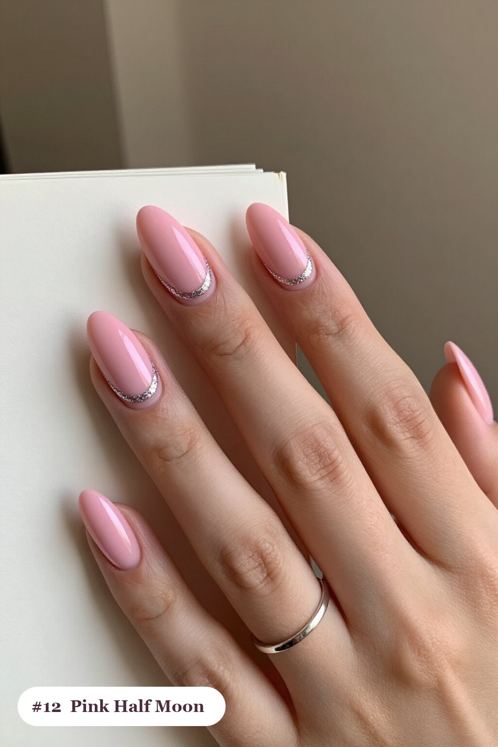 Half‑Moon Glitter Cuticle Pink Almond Nails with Silver Accents - pink almond nails