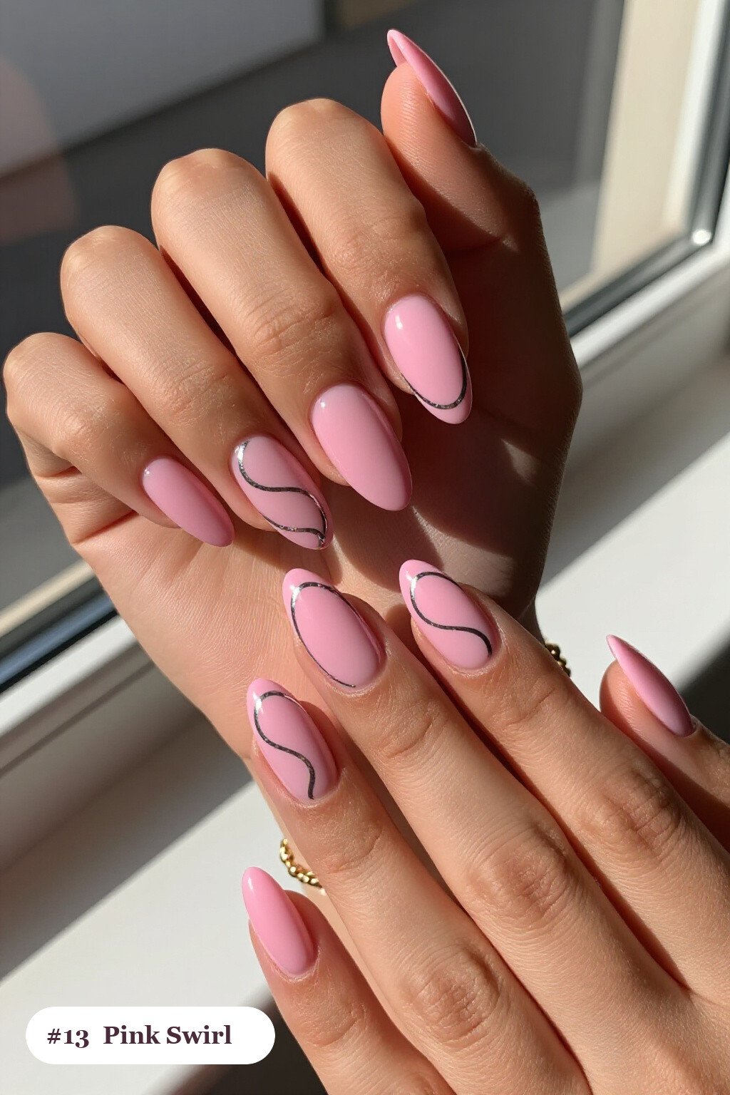 Swirl‑Line Contrast Medium Almond Pink Nails with Silver Chrome Details - pink almond nails