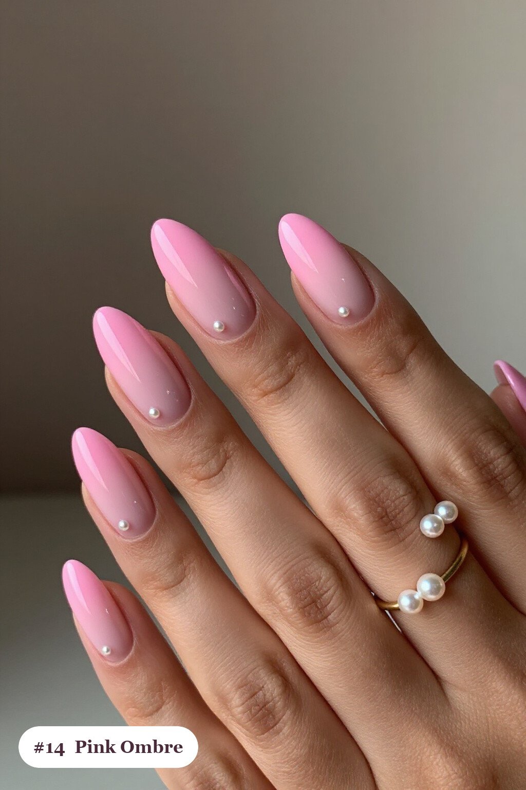 Two‑Tone Ombre Medium Almond Pink Nails with Pearl Highlights - pink almond nails