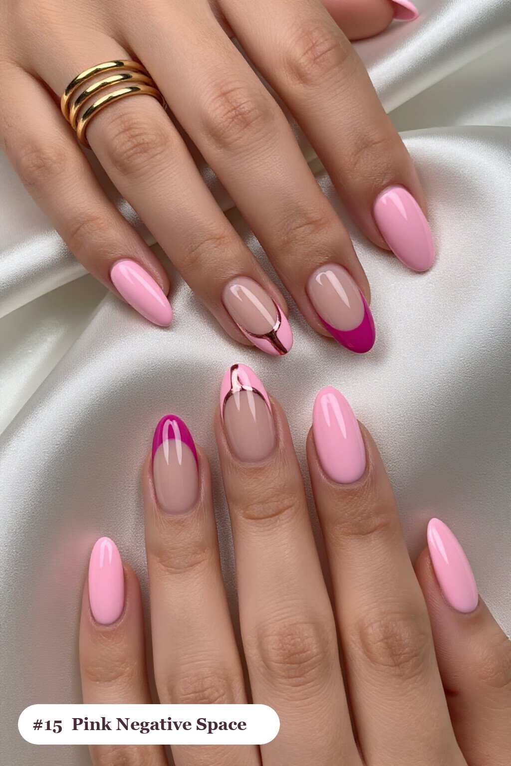 Negative‑Space Pink Almond Nails with Rose Gold Details: On Short Nails - pink almond nails
