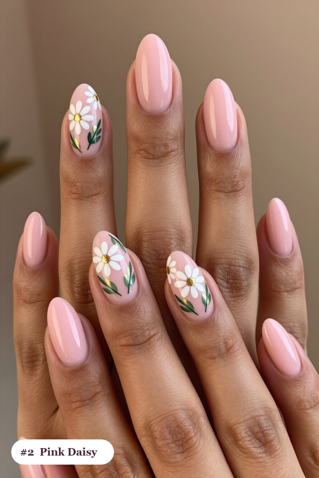 Hand‑Painted Daisies & Green Leaves on Medium Almond Pink Nails - pink almond nails