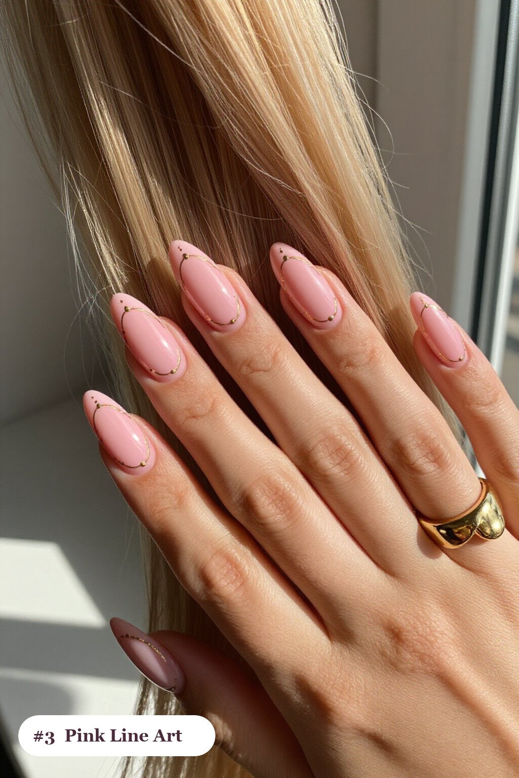 Fine Gold Line Art on Pink Almond Nails: Subtle Sparkle - pink almond nails