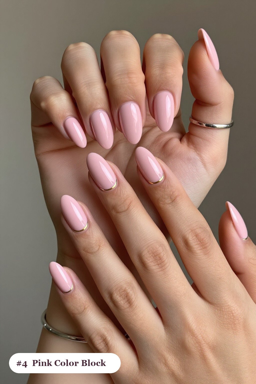 Diagonal Colour‑Block Medium Almond Pink Nails with Thin Gold Divider - pink almond nails