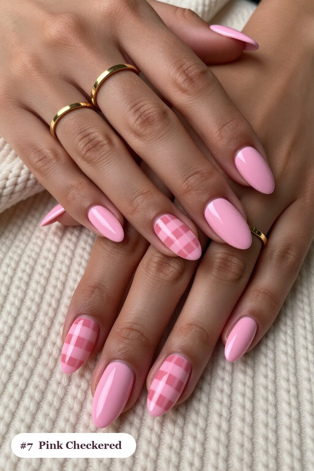Bold Checkerboard Pink Almond Nails with Rose Gold Accents - pink almond nails