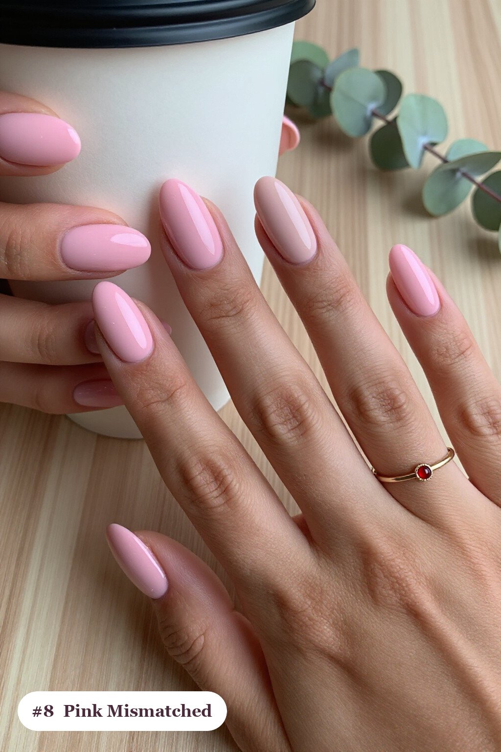 Mismatched Pattern Set in Medium Almond Pink with Soft Nude Details - pink almond nails