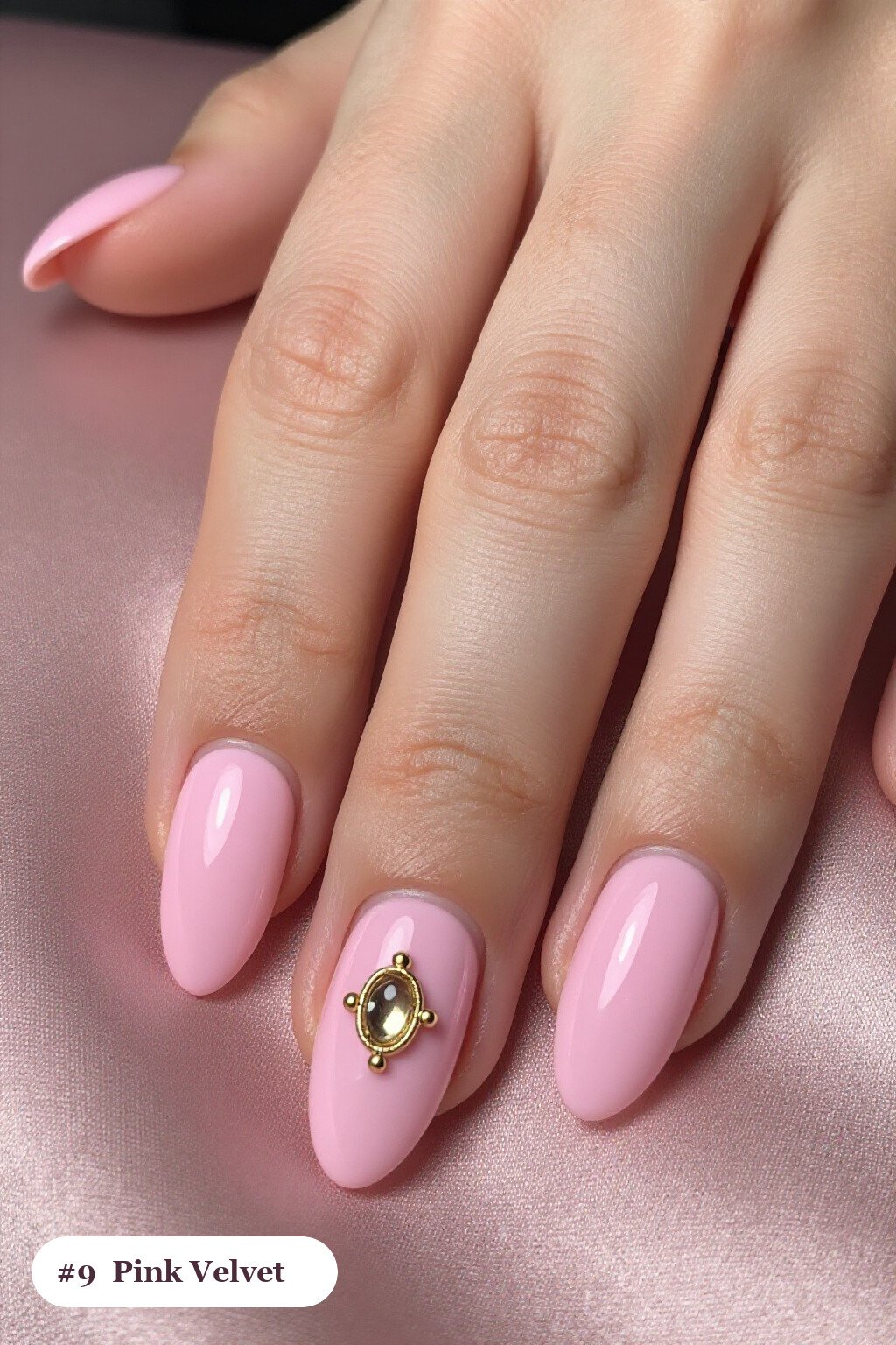 Velvet Shimmer Medium Almond Pink Nails with Gold Charm Accent - pink almond nails