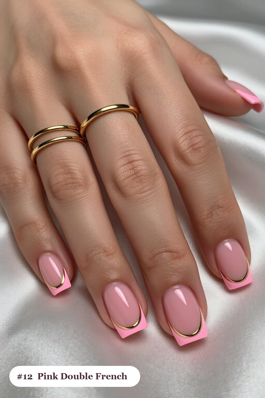 Short square pink nails with double-line french tips in two colours, with gold details - pink nails Short square pink nails with double-line french tips in two colours, with gold details - pink nails
