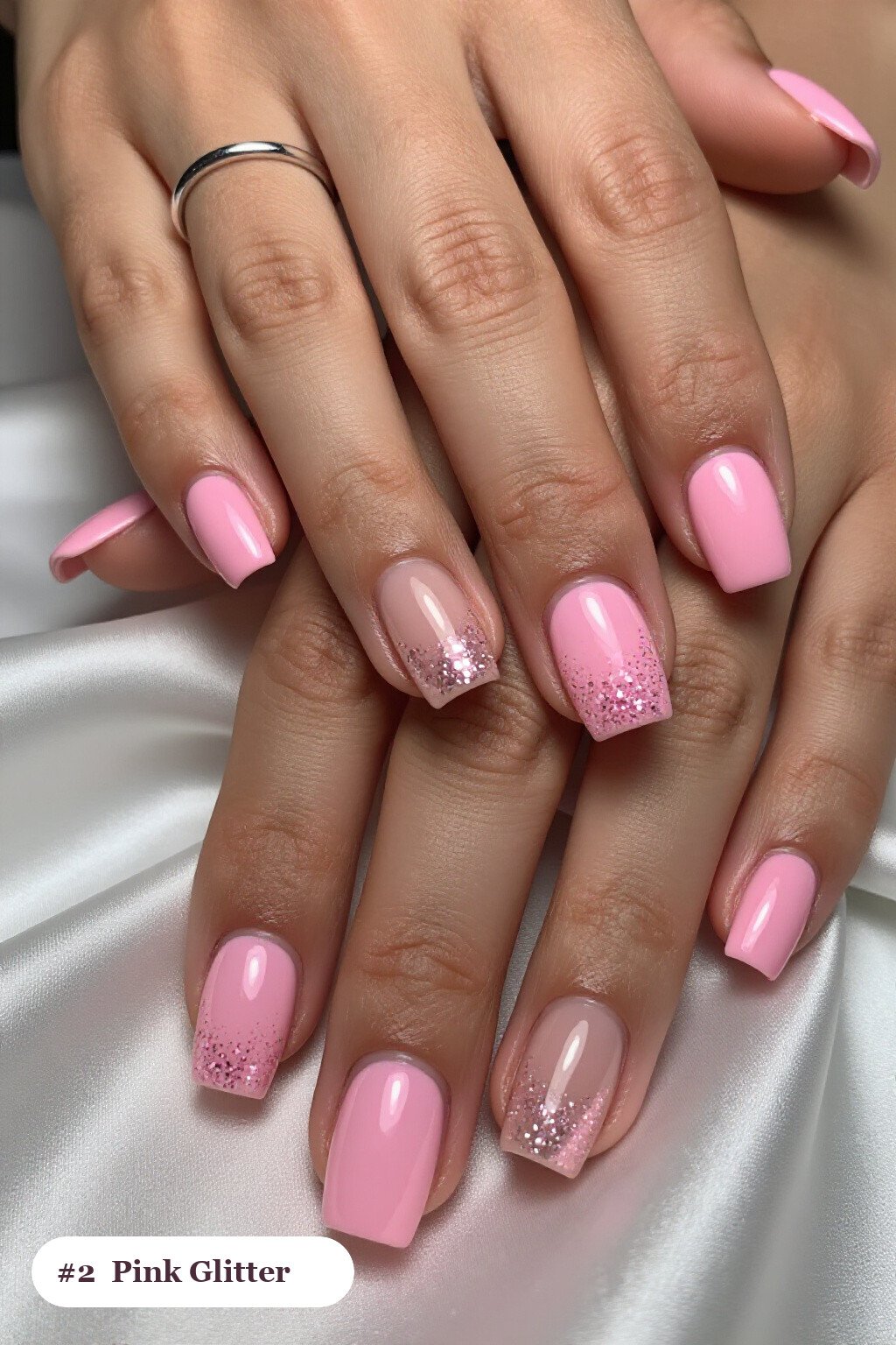 Short square pink nails with a sparkling glitter gradient rising from the cuticle, with soft nude details - pink nails Short square pink nails with a sparkling glitter gradient rising from the cuticle, with soft nude details - pink nails