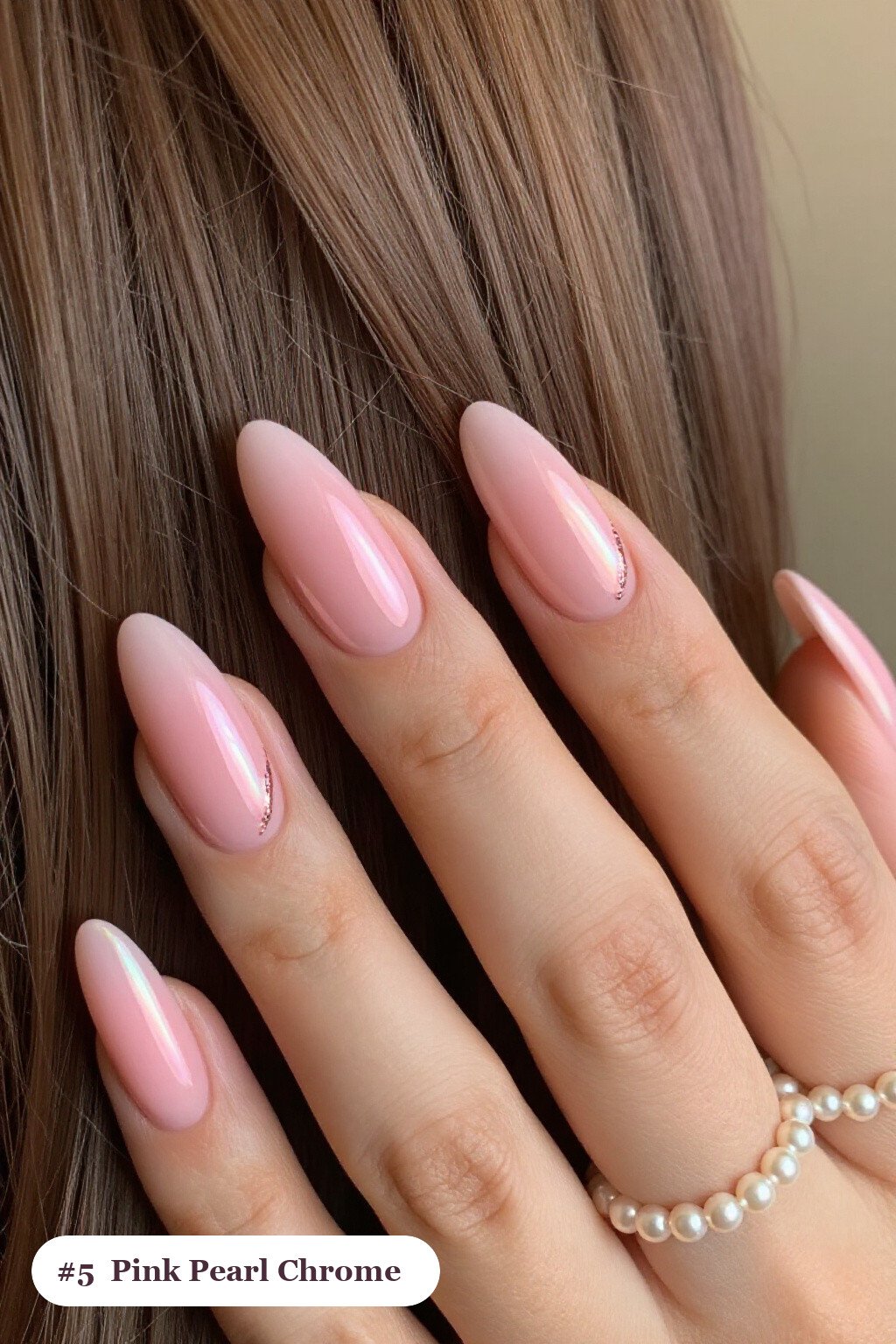 Long coffin pink nails with glazed pearl chrome over the colour for an iridescent sheen, with rose gold details - pink nails Long coffin pink nails with glazed pearl chrome over the colour for an iridescent sheen, with rose gold details - pink nails