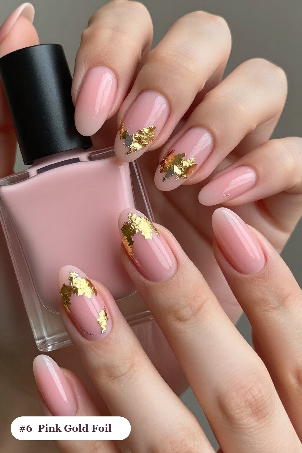 Medium almond pink nails with dense gold foil flakes and gold leaf scattered across every nail, with silver details - pink nails Medium almond pink nails with dense gold foil flakes and gold leaf scattered across every nail, with silver details - pink nails