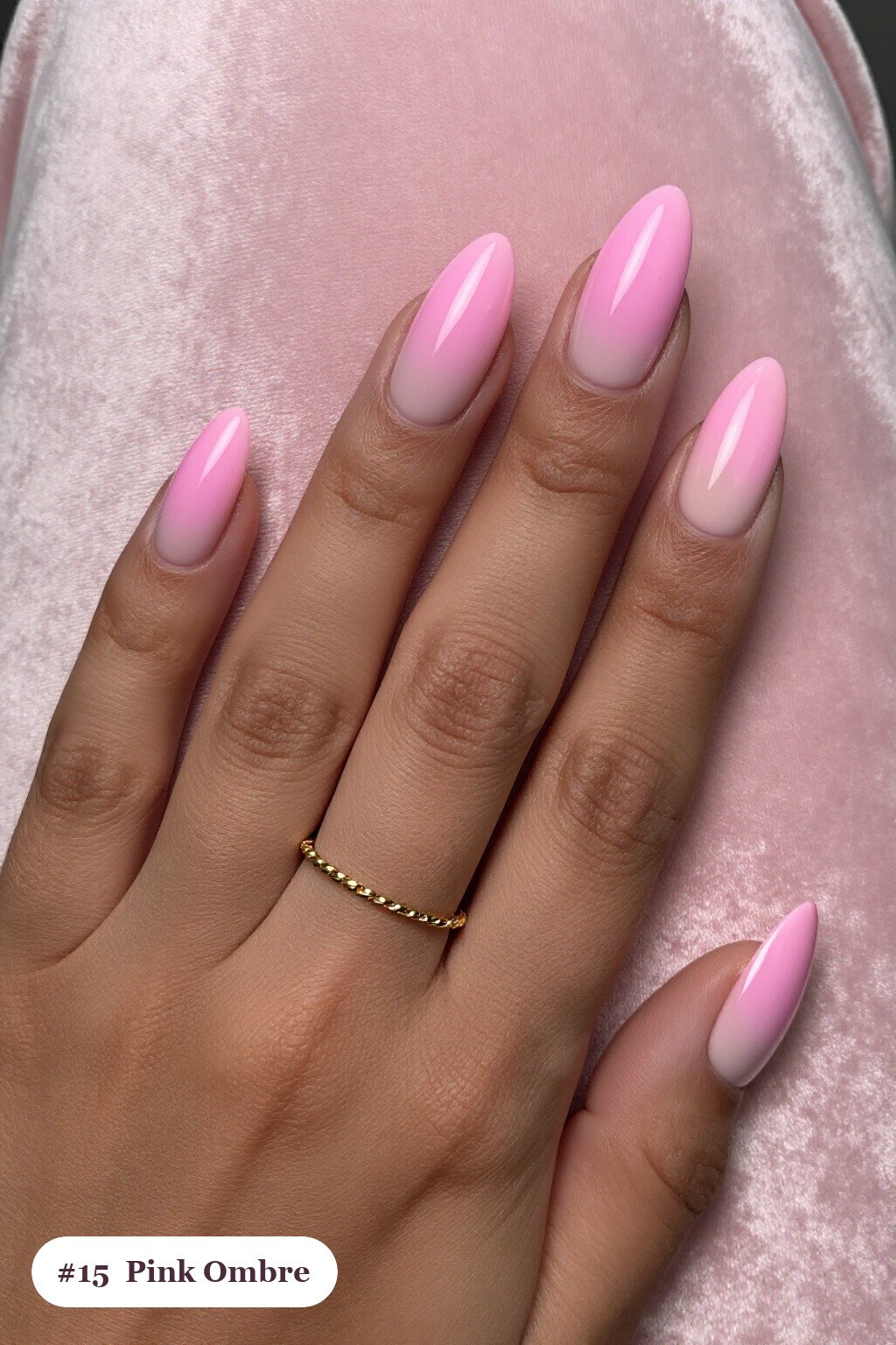 Medium almond pink nails with a vivid two-colour ombre melting from the cuticle to the tips, with soft nude details - pink nails almond