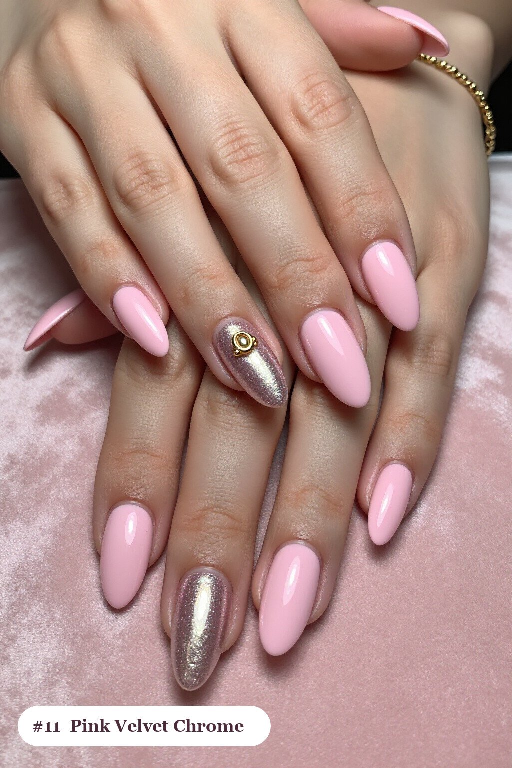 Velvet Shimmer Accent Nail with Gold Charm on Pink Almond Chrome - pink nails almond chrome