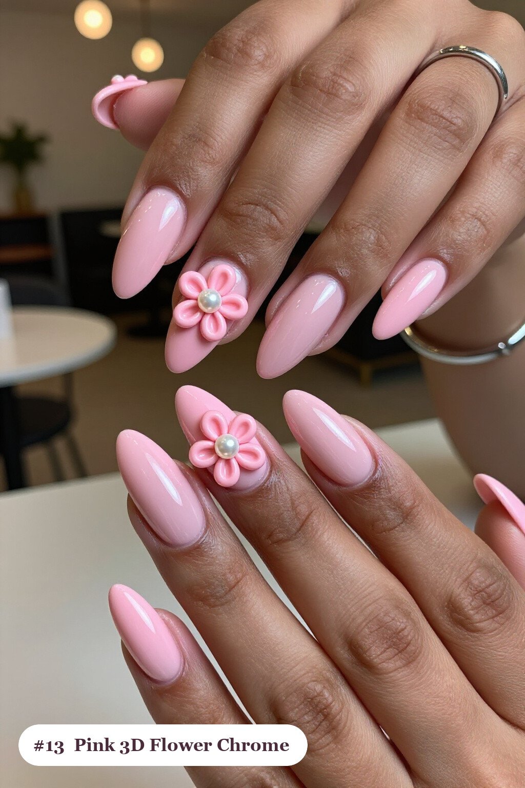 Raised 3D Flowers with Pearl Centres on Two Accent Nails - pink nails almond chrome