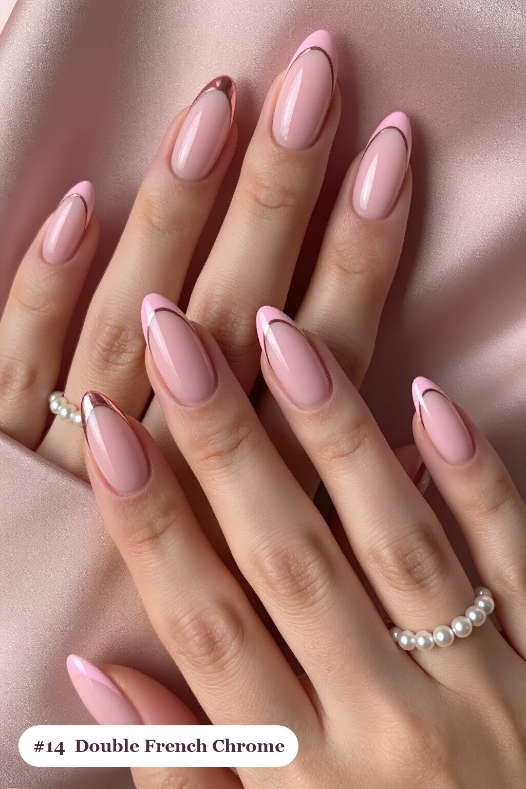 Double‑Line French Tips: On Short Nails - pink nails almond chrome