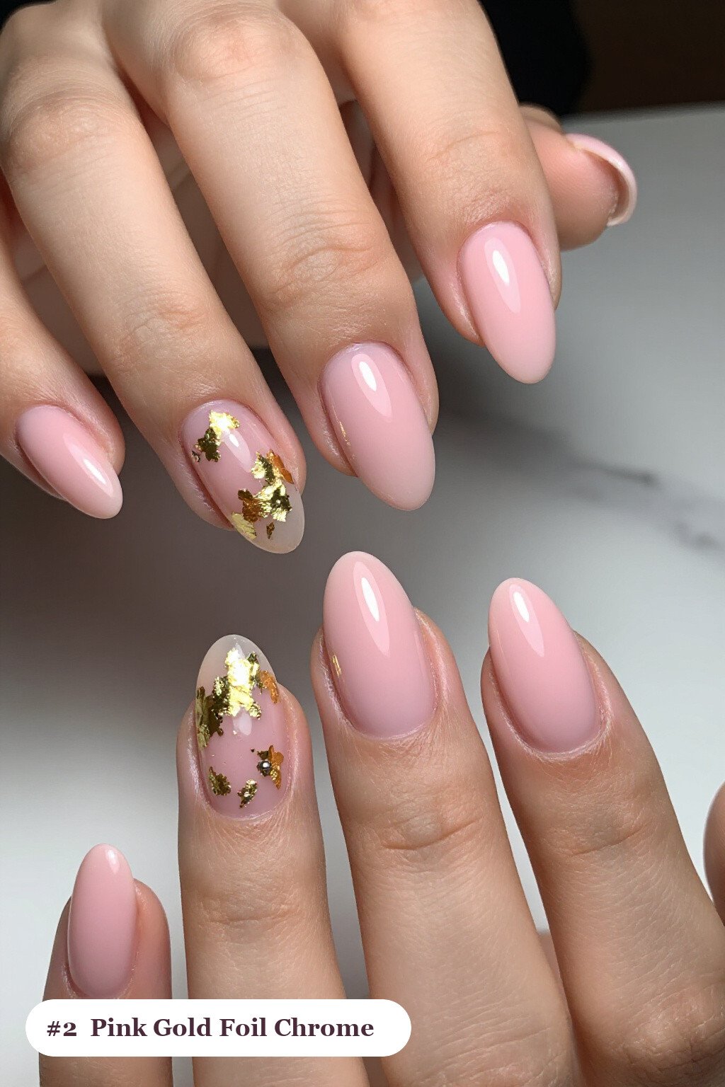 Pink Nails Almond Chrome with Gold Foil Flakes & Silver Accents - pink nails almond chrome
