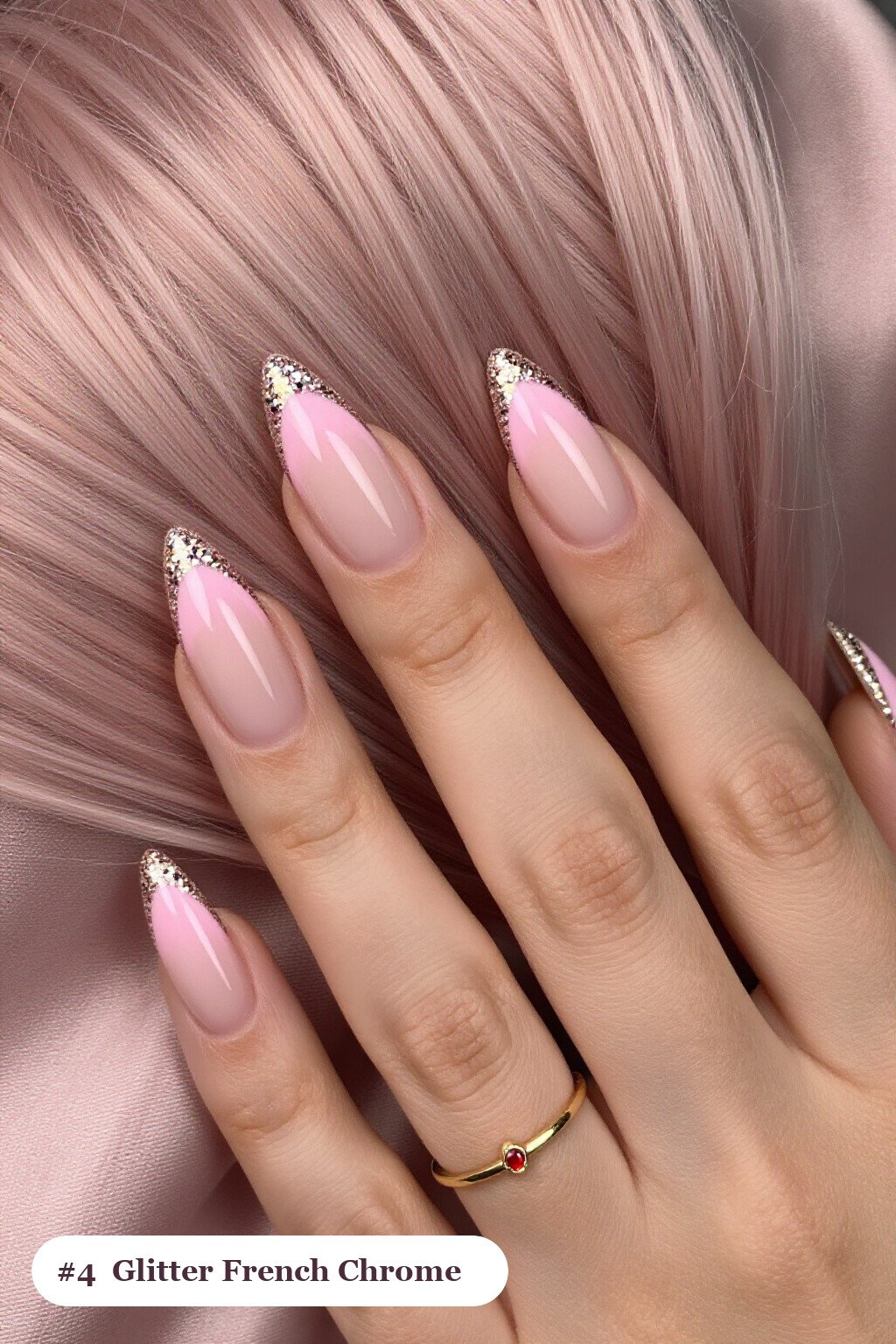Pink Nails Almond Chrome Glitter‑Packed French Tips - pink nails almond chrome