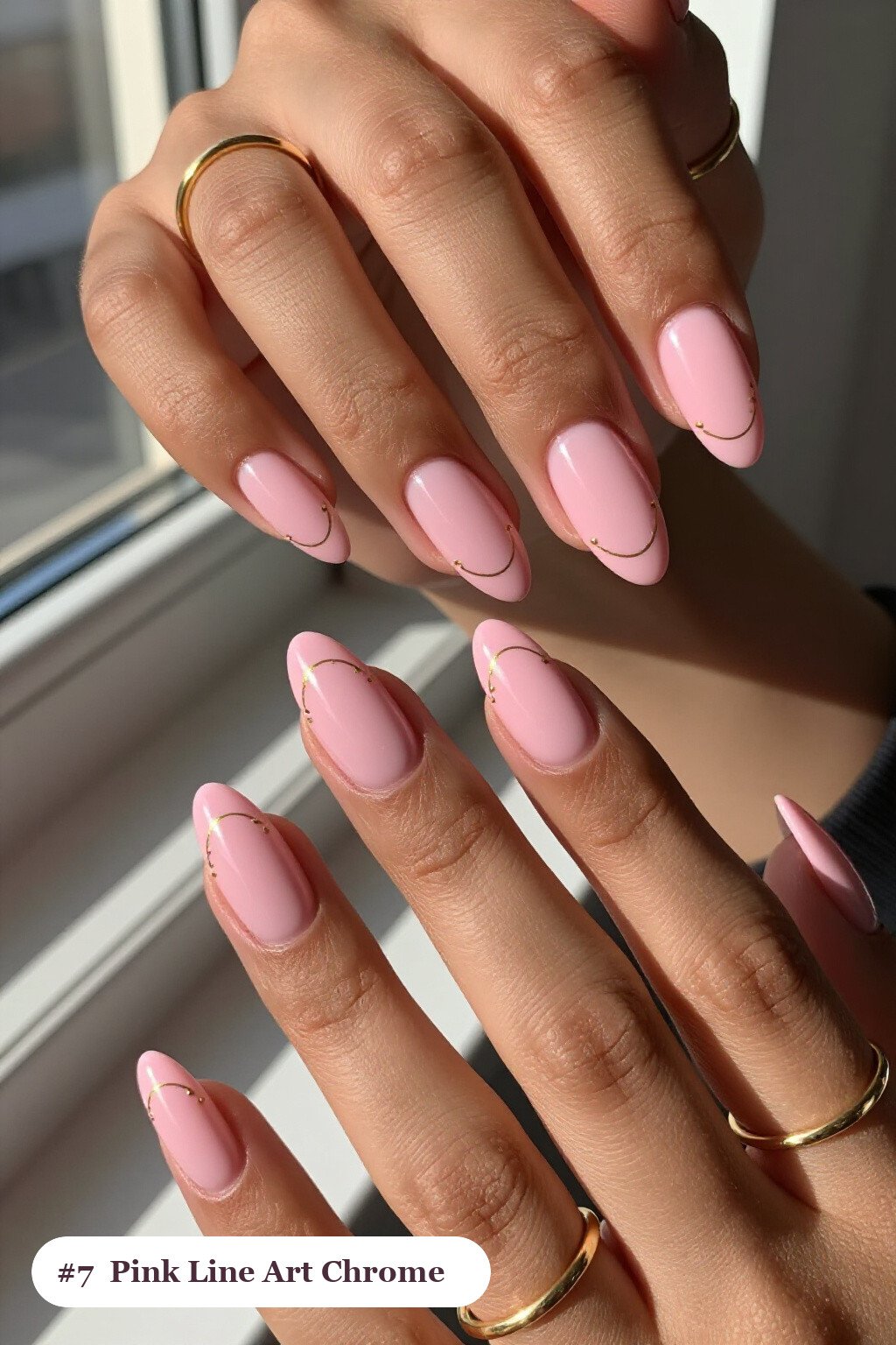 Fine Gold Line Art & Tiny Dots on Pink Almond Chrome - pink nails almond chrome