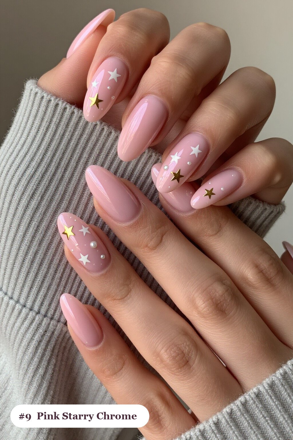 White & Gold Stars with Pearl Details on Pink Almond Chrome - pink nails almond chrome