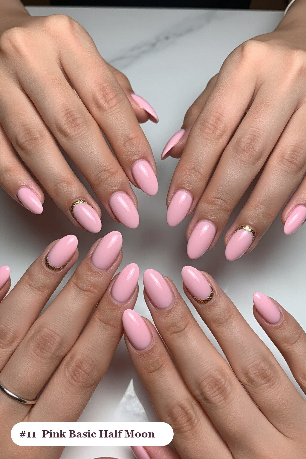 Half‑Moon Glitter Crescent Almond Pink Nails - pink nails basic