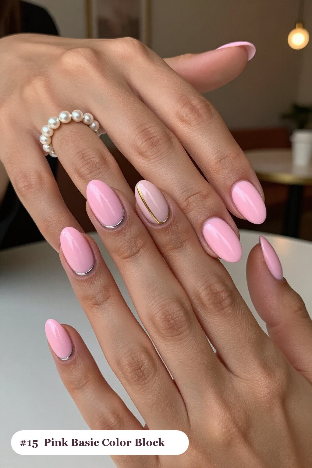 Diagonal Colour‑Block Oval Pink Nails with Gold Line - pink nails basic