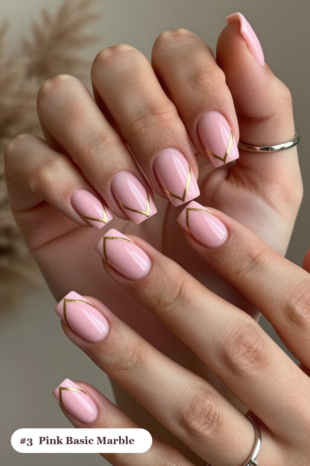Short Square Pink Nails Basic with Marble Veins - pink nails basic