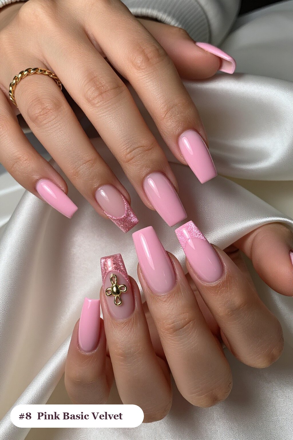 Velvet‑Shimmer Square Pink Nails with Gold Charm Accent - pink nails basic