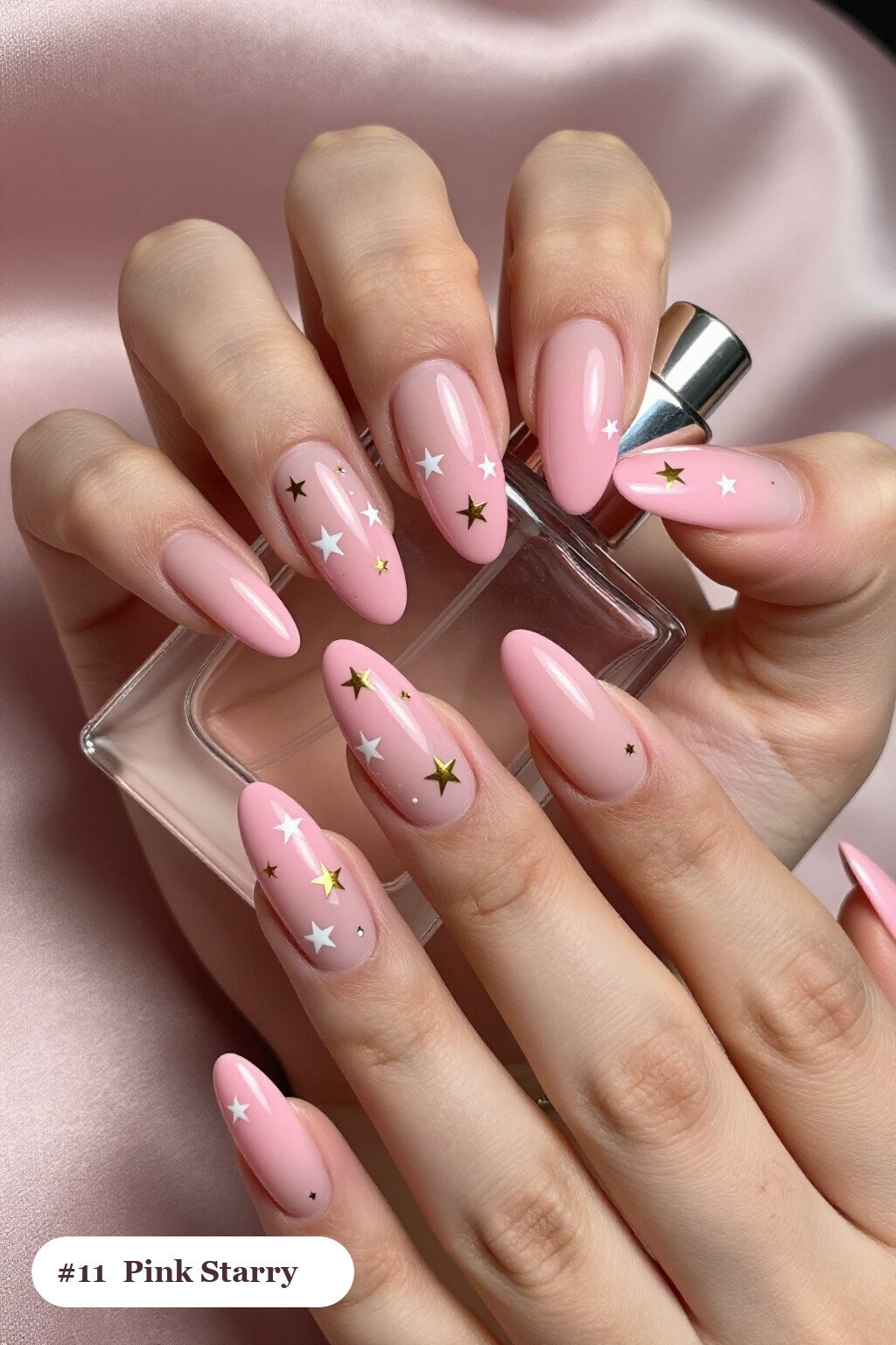 Long Almond Pink Nails with White and Gold Stars and Sparkles, Soft Nude Details - pink nails classy Long Almond Pink Nails with White and Gold Stars and Sparkles, Soft Nude Details - pink nails classy