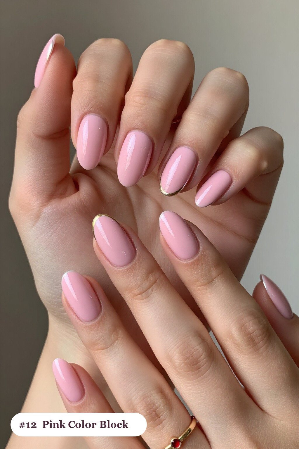 Medium Oval Pink Nails Color‑Blocked Diagonally with Thin Gold Line and Silver Chrome Details - pink nails classy Medium Oval Pink Nails Color‑Blocked Diagonally with Thin Gold Line and Silver Chrome Details - pink nails classy