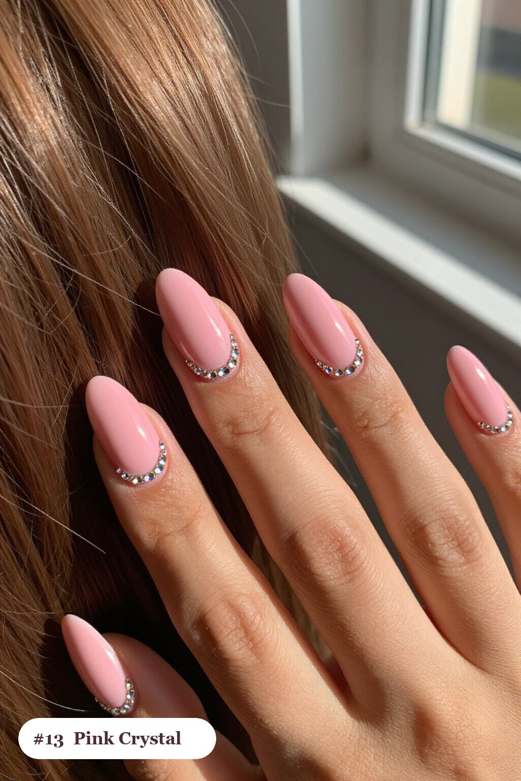 Medium Square Pink Nails with Rows of Crystal Rhinestones Along Cuticle, Champagne Details - pink nails classy Medium Square Pink Nails with Rows of Crystal Rhinestones Along Cuticle, Champagne Details - pink nails classy
