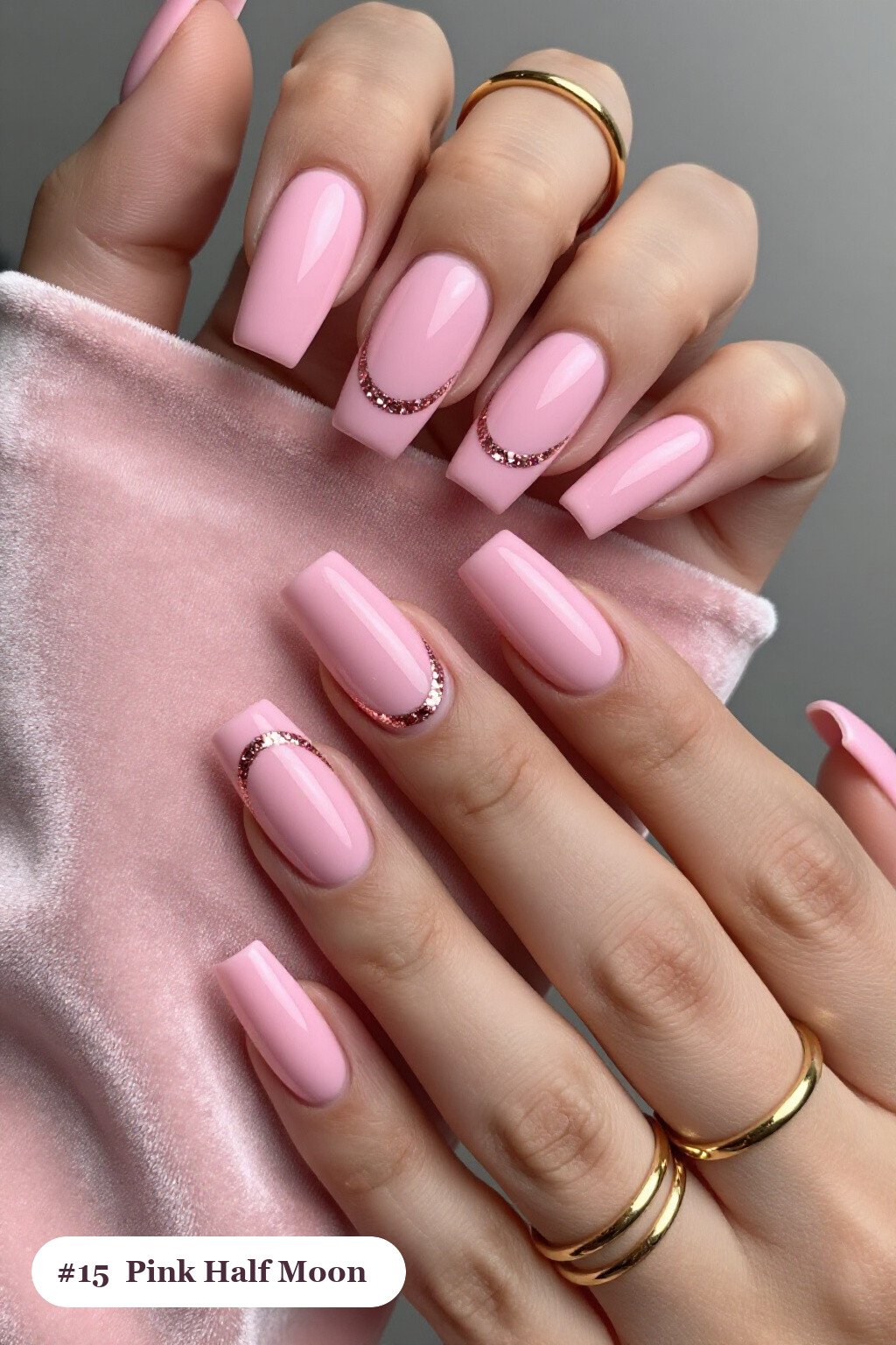 Long Square Pink Nails Half‑Moon Design with Glitter Crescent at Cuticle, Rose Gold Details - pink nails classy Long Square Pink Nails Half‑Moon Design with Glitter Crescent at Cuticle, Rose Gold Details - pink nails classy