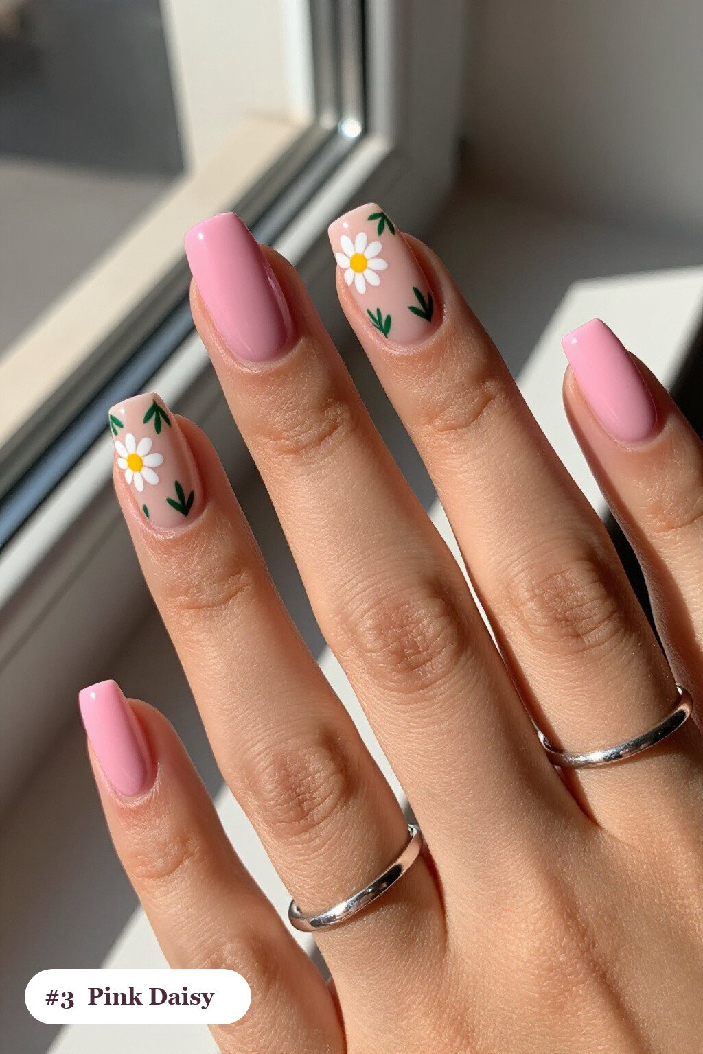 Medium Square Pink Nails Hand‑Painted with Daisies, Green Leaves and Soft Nude Accents - pink nails classy Medium Square Pink Nails Hand‑Painted with Daisies, Green Leaves and Soft Nude Accents - pink nails classy