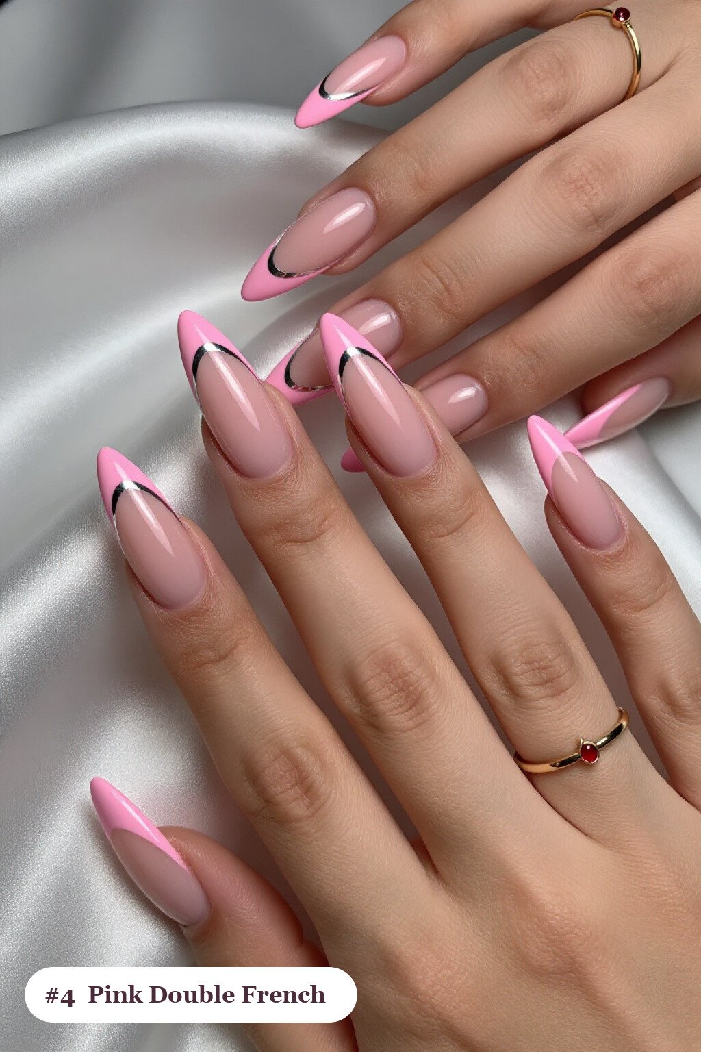 Long Stiletto Pink Nails with Double‑Line French Tips in Two Colours and Silver Chrome Details - pink nails classy Long Stiletto Pink Nails with Double‑Line French Tips in Two Colours and Silver Chrome Details - pink nails classy