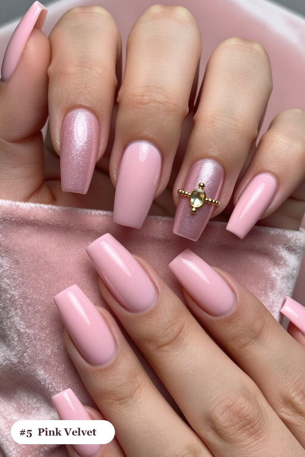 Long Square Pink Nails in Velvet Shimmer with Glossy Accent Nail and Gold Charm, Champagne Details - pink nails classy Long Square Pink Nails in Velvet Shimmer with Glossy Accent Nail and Gold Charm, Champagne Details - pink nails classy