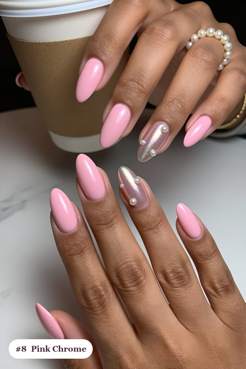 Medium Coffin Pink Nails with Liquid Chrome Mirror Finish, Bright Metallic Highlights and Pearl Details - pink nails classy Medium Coffin Pink Nails with Liquid Chrome Mirror Finish, Bright Metallic Highlights and Pearl Details - pink nails classy
