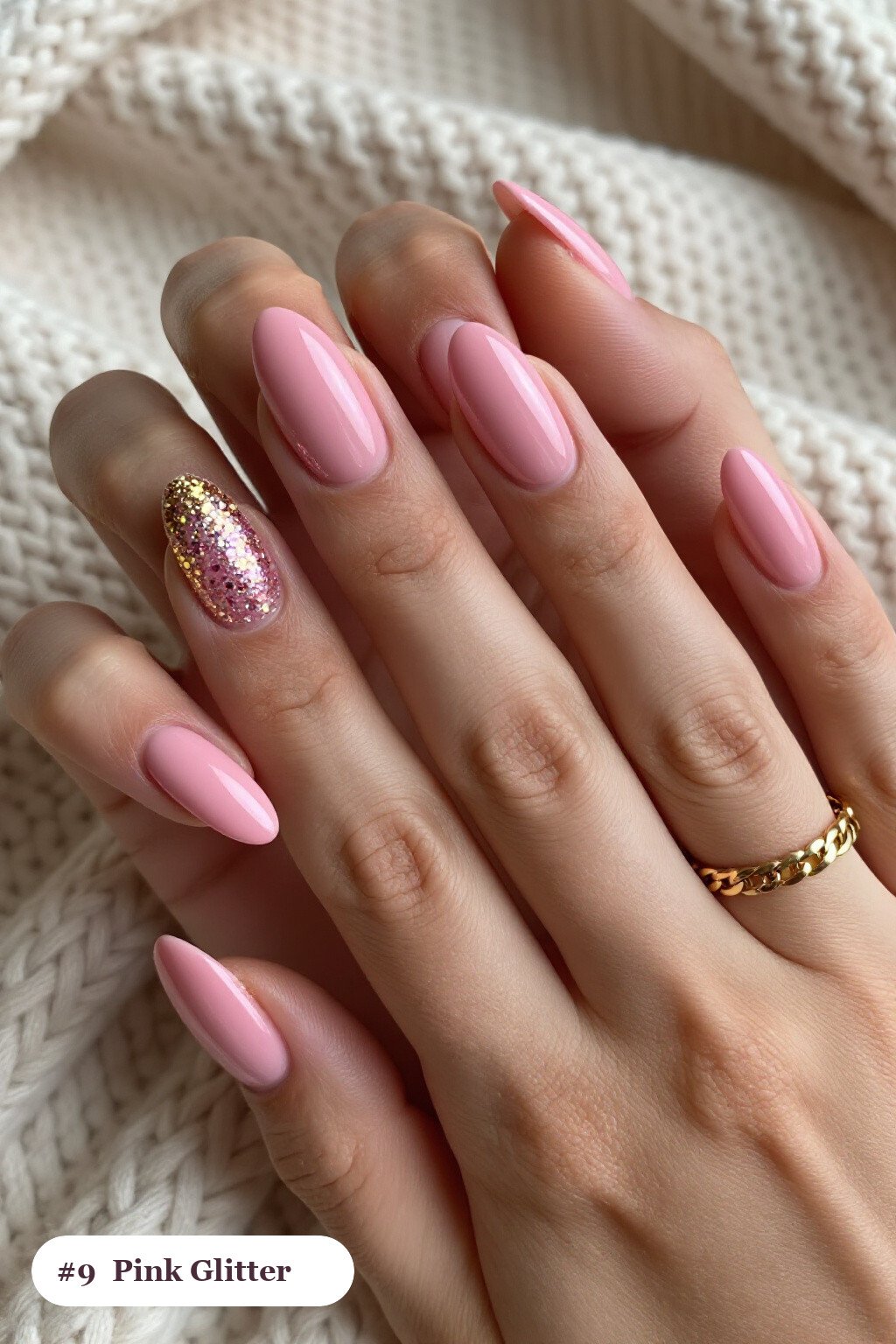 Medium Almond Pink Nails with Sparkling Glitter Gradient from Cuticle and Gold Details - pink nails classy Medium Almond Pink Nails with Sparkling Glitter Gradient from Cuticle and Gold Details - pink nails classy