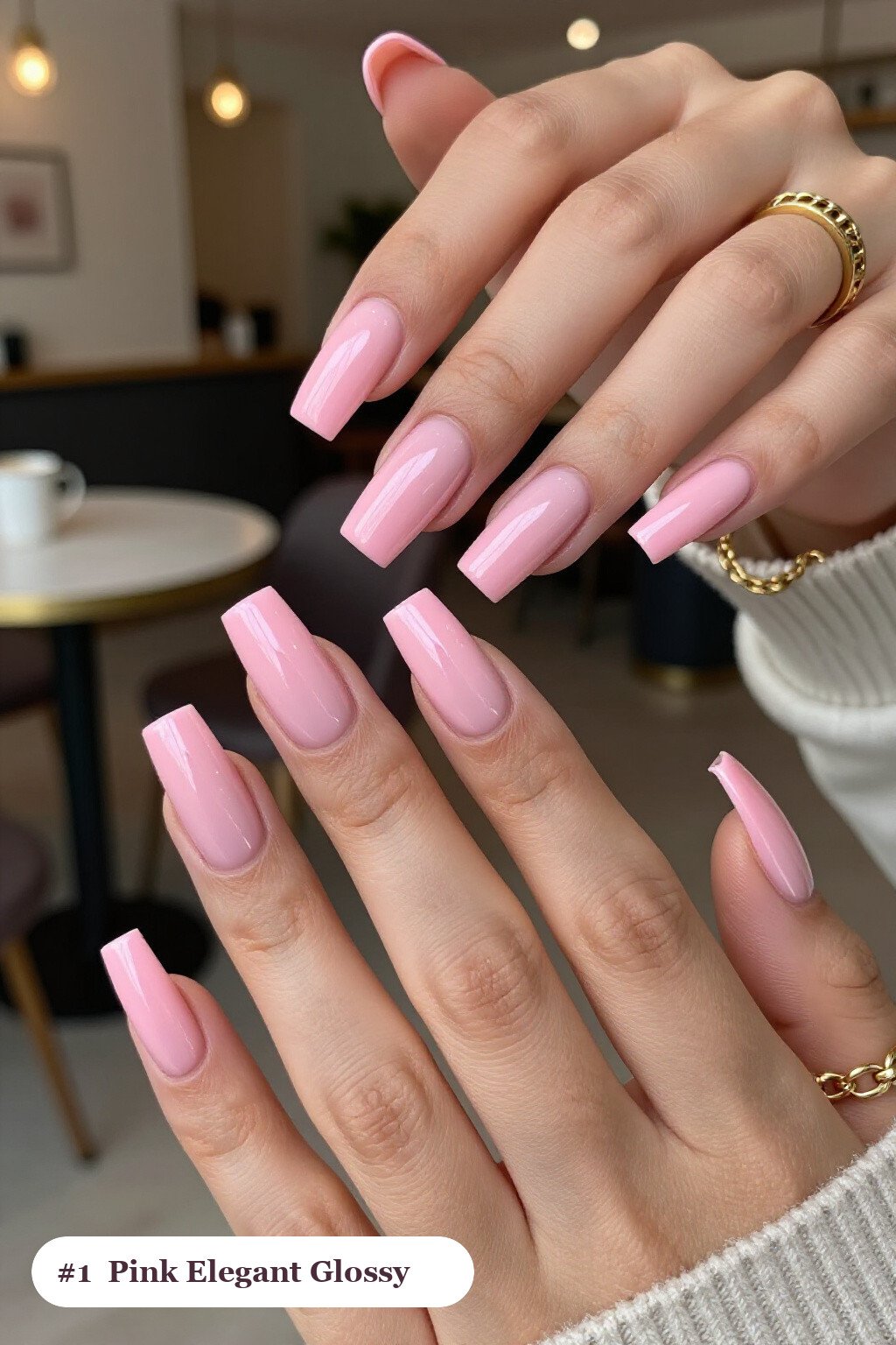 Long Square Pink Elegant Nails in Mirror‑Glossy Full‑Colour Finish - pink nails elegant