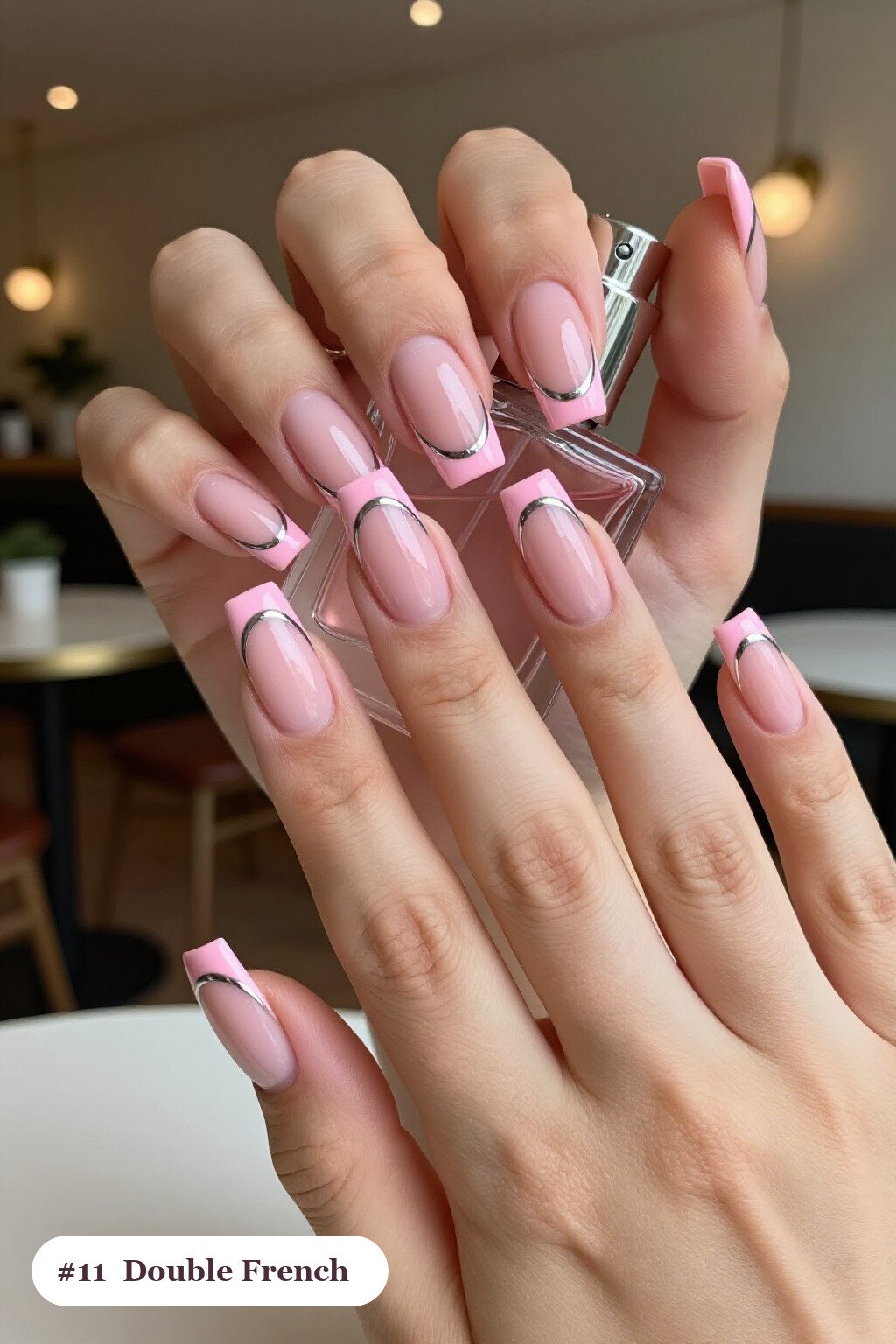Long Square Pink Elegant Nails with Double‑Line French Tips - pink nails elegant