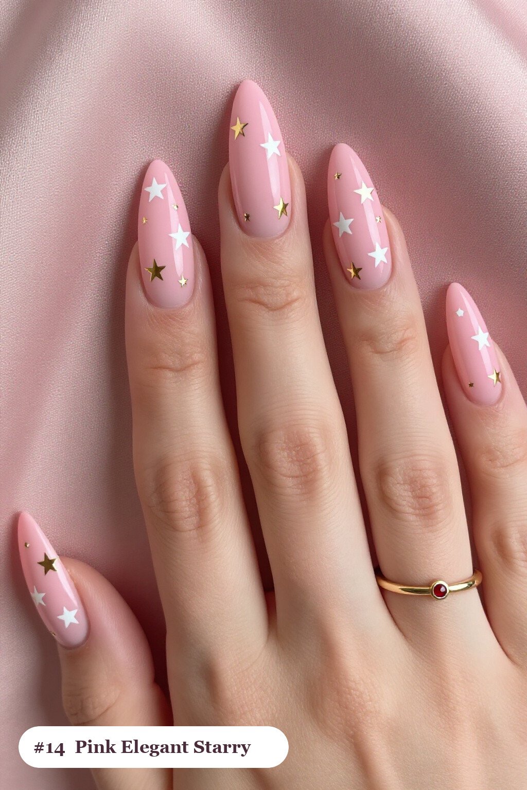 Long Stiletto Pink Elegant Nails with White and Gold Stars - pink nails elegant