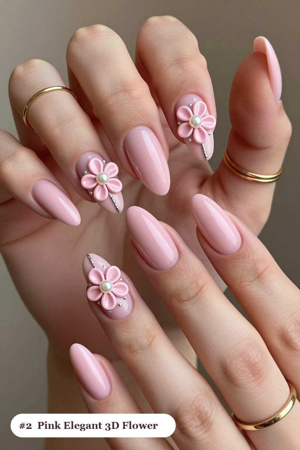 Ballerina Pink Elegant Nails with 3D Flowers and Pearl Centers - pink nails elegant