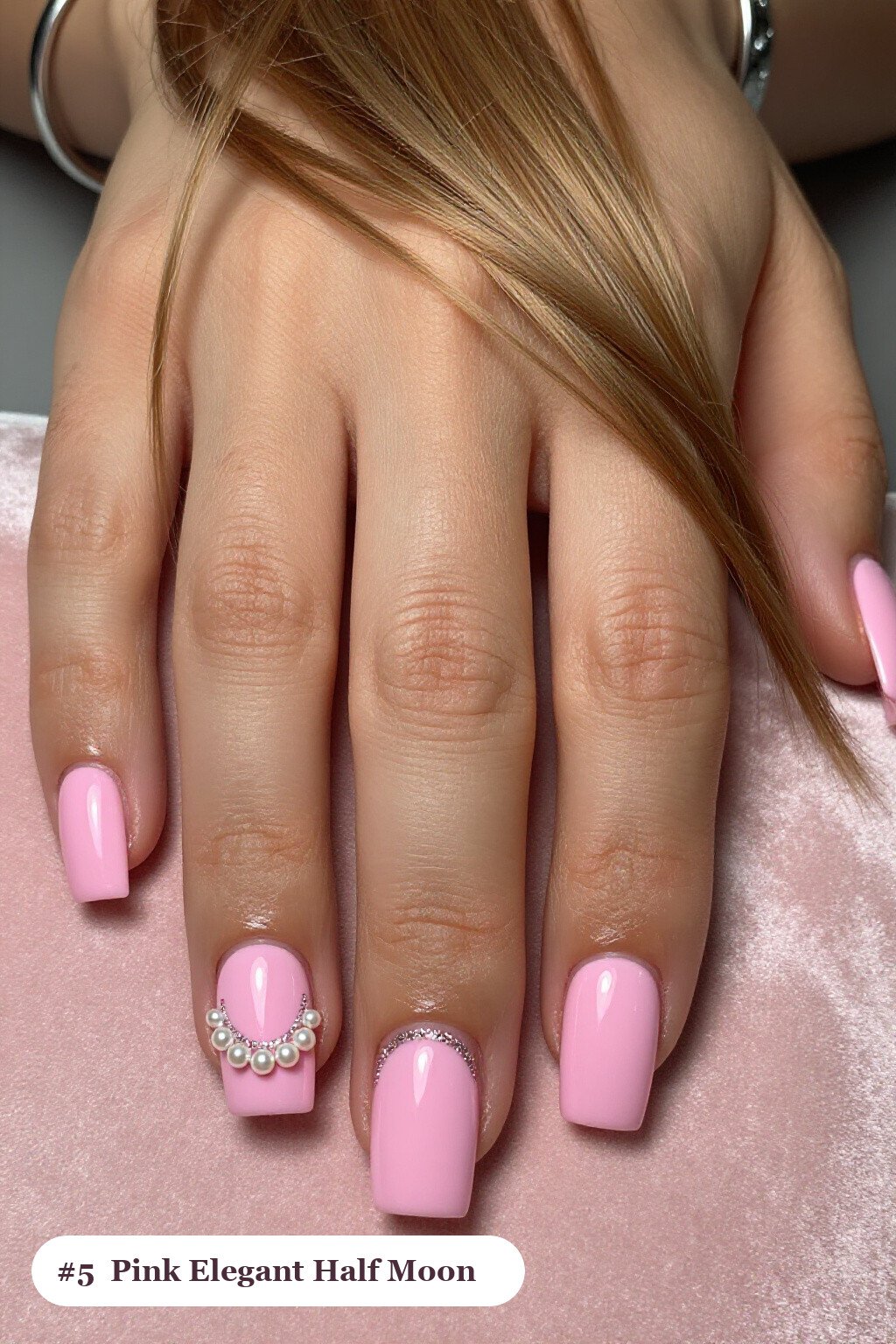 Medium Square Pink Elegant Nails in Half‑Moon Glitter Crescent Design - pink nails elegant