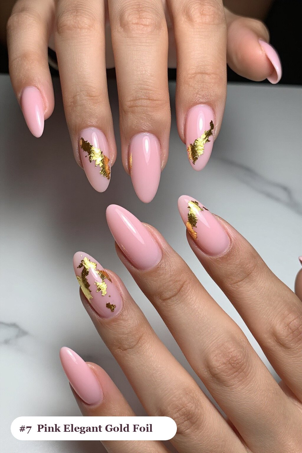 Long Almond Pink Elegant Nails with Dense Gold Foil Flakes - pink nails elegant