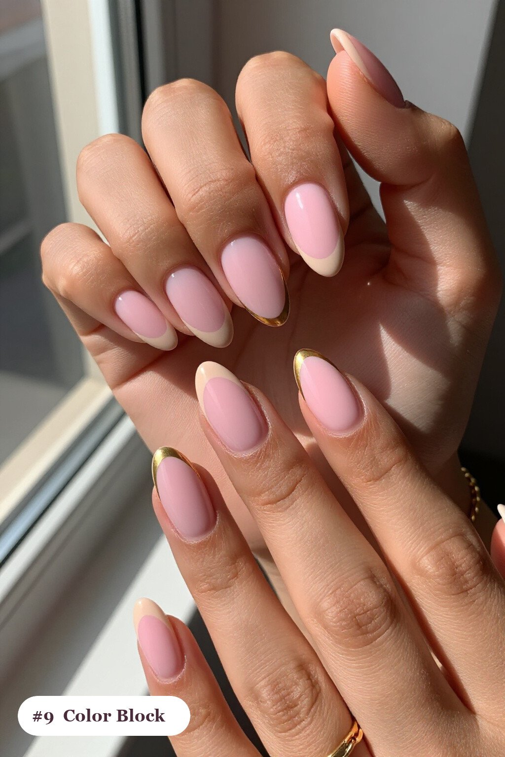 Medium Almond Pink Elegant Nails in Diagonal Color‑Block with Thin Gold Line - pink nails elegant