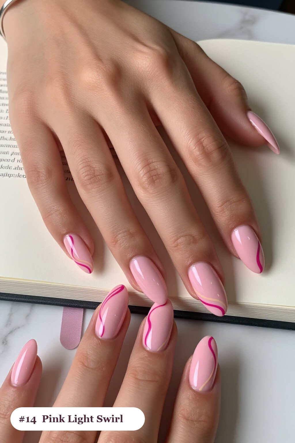 Long Coffin Pink Light Nails with Bold Swirl Lines - pink nails light Long Coffin Pink Light Nails with Bold Swirl Lines - pink nails light